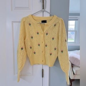 ASOS DESIGN cable cardigan with embroidered flowers in yellow